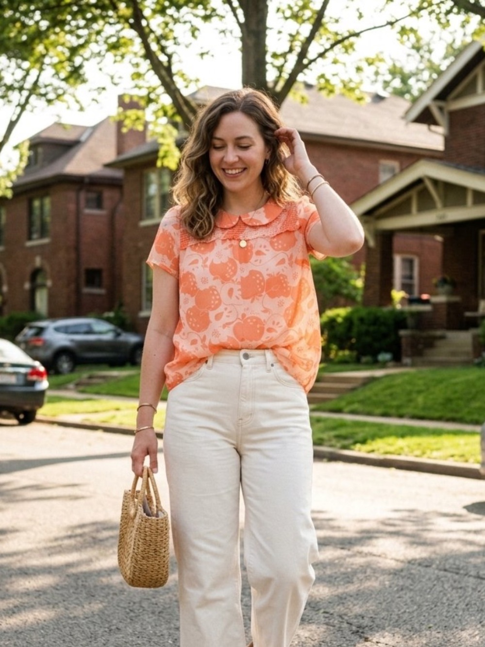 Modcloth Peach-Orange Fruit Print Peter Pan Collar Chiffon Blouse Cottagecore